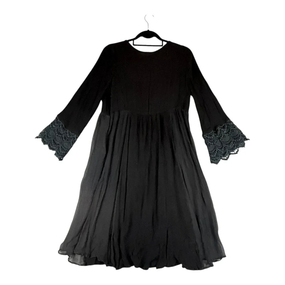 Free People Mini Dress Small Black Gold Embroidered Lace Bell Sleeve Boho Witchy